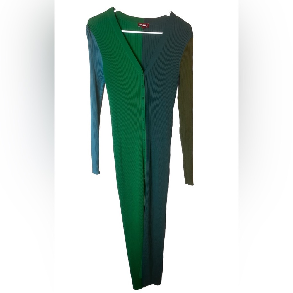 Staud Shoko Sweater Dress Fern Multi Green Colorblock Ribbed Duster Cardigan L - Picture 3 of 5